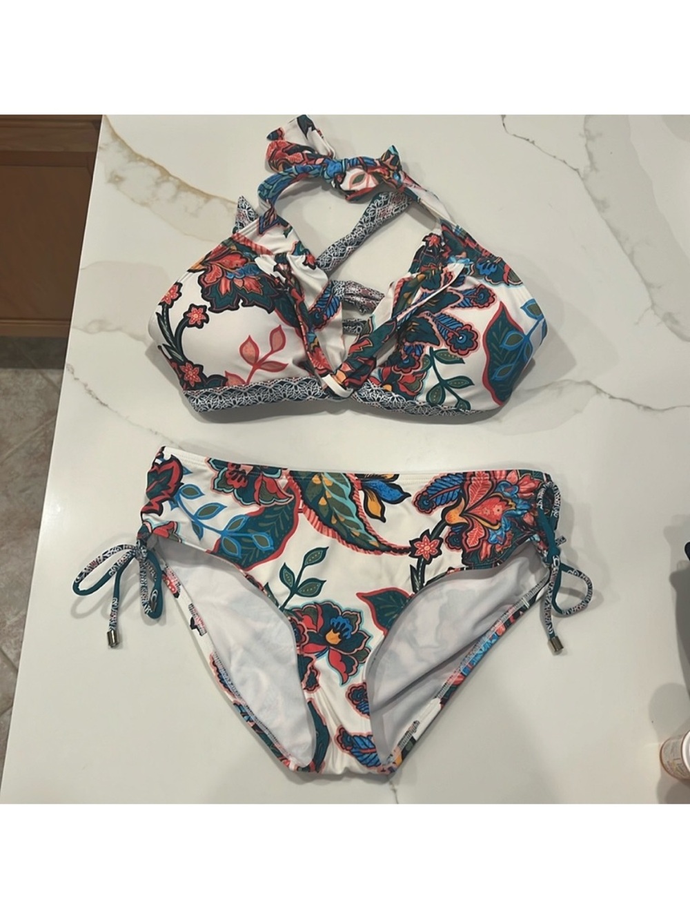 Gibson Latimer White Floral Halter Bikini with Blue and Pink Accents